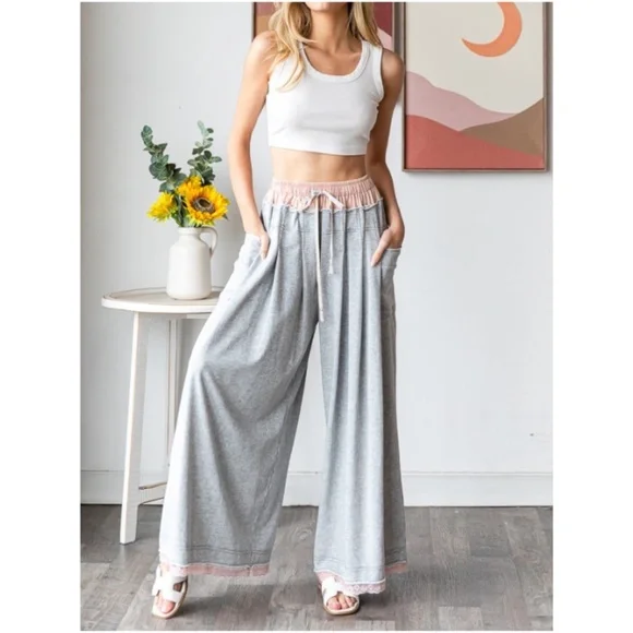 Oli & Hali Gray Wide Leg Lounge Pants with Pink Trim - Picture 7 of 8